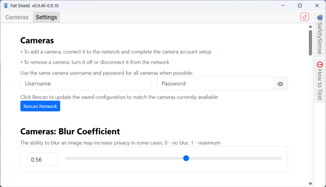 FallShield Control Center camera setup page