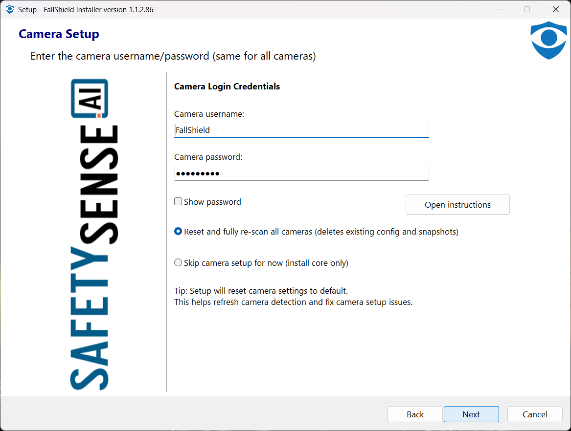 Camera credentials page in the installer