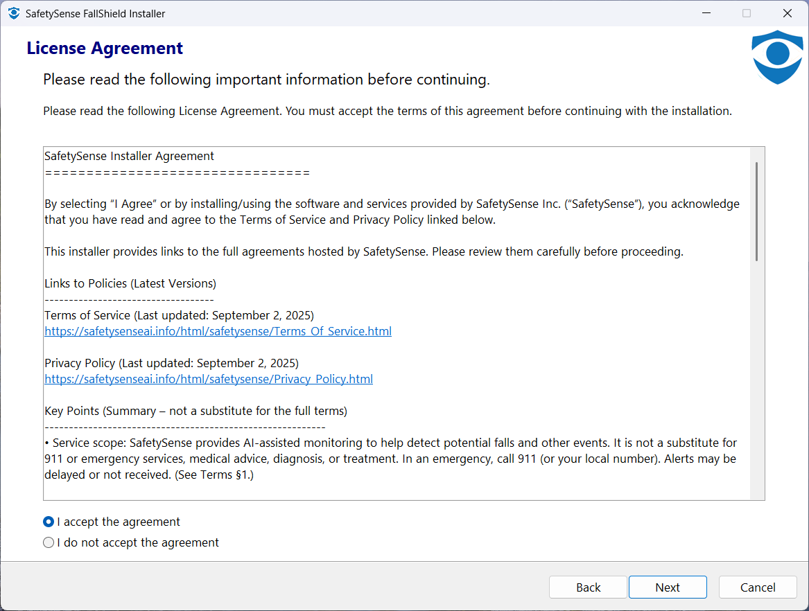 FallShield license agreement page