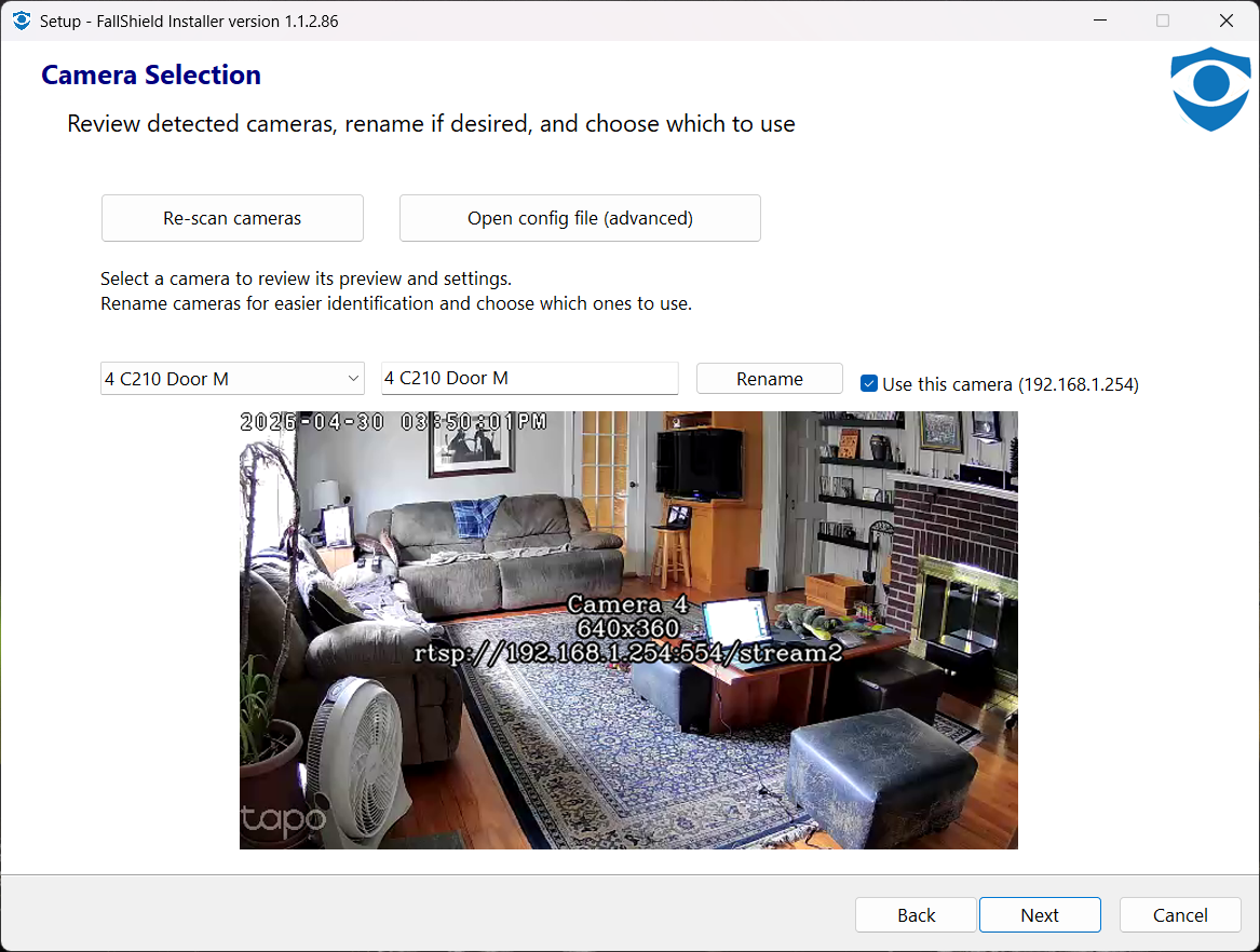 Camera review page in the installer