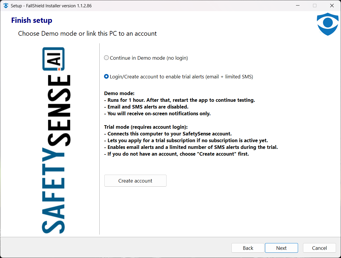 Final installer page with demo mode or account connection choice