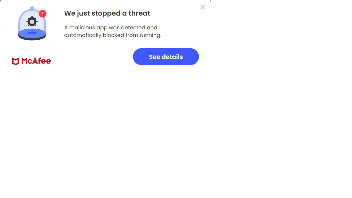 McAfee popup showing a quarantined installer and the See details action