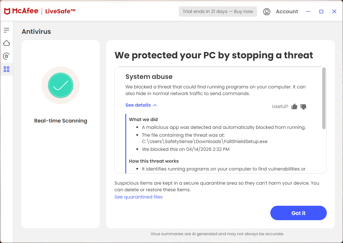 McAfee main application screen