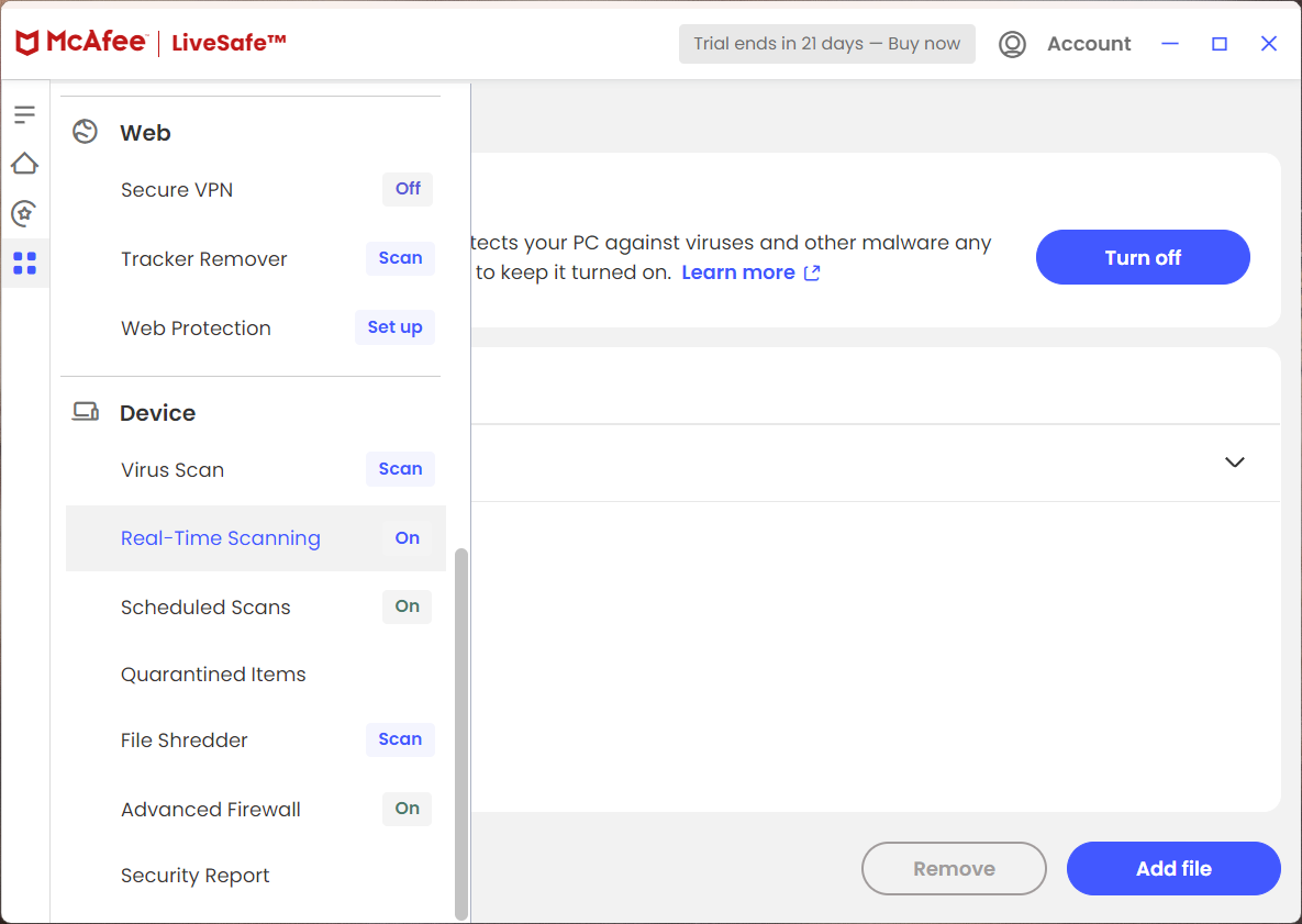 McAfee Real-Time Scanning menu option