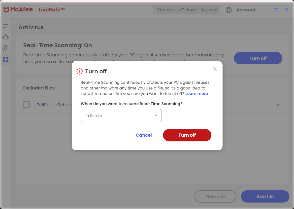 McAfee screen for turning real-time scanning off temporarily