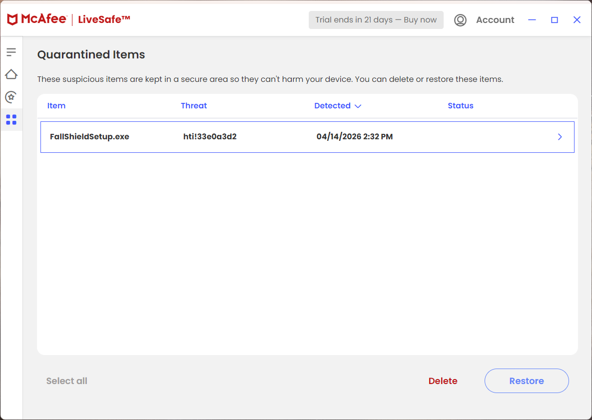 McAfee Restore action for quarantined file